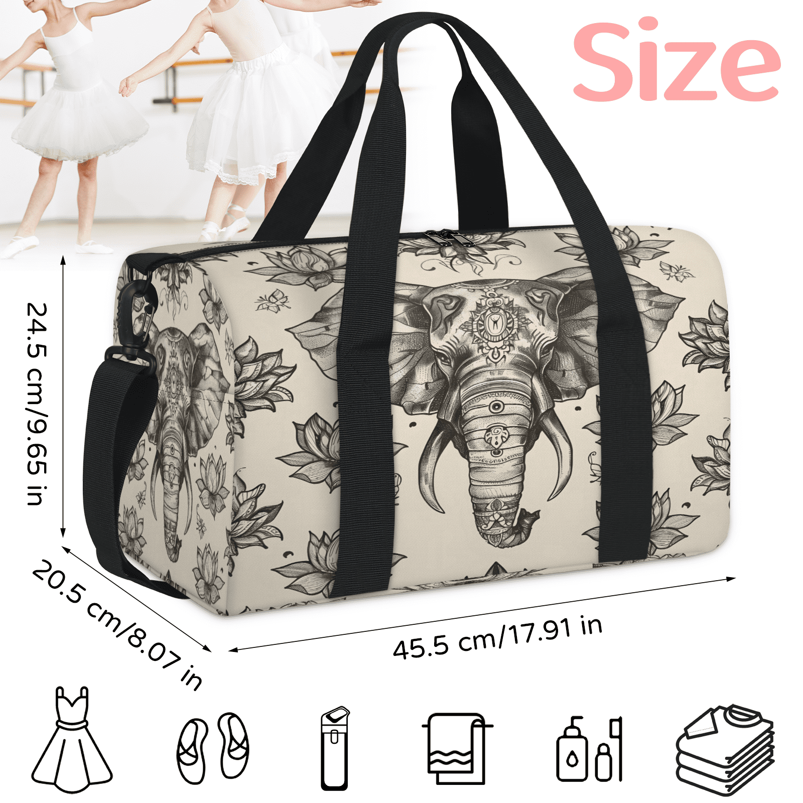 Herdesigns Boho Elephant Travel Duffle Bag Sports Yoga Weekender Overnight Carry on Workout Bags Lightweight Waterproof Gym Tote Bag for Women