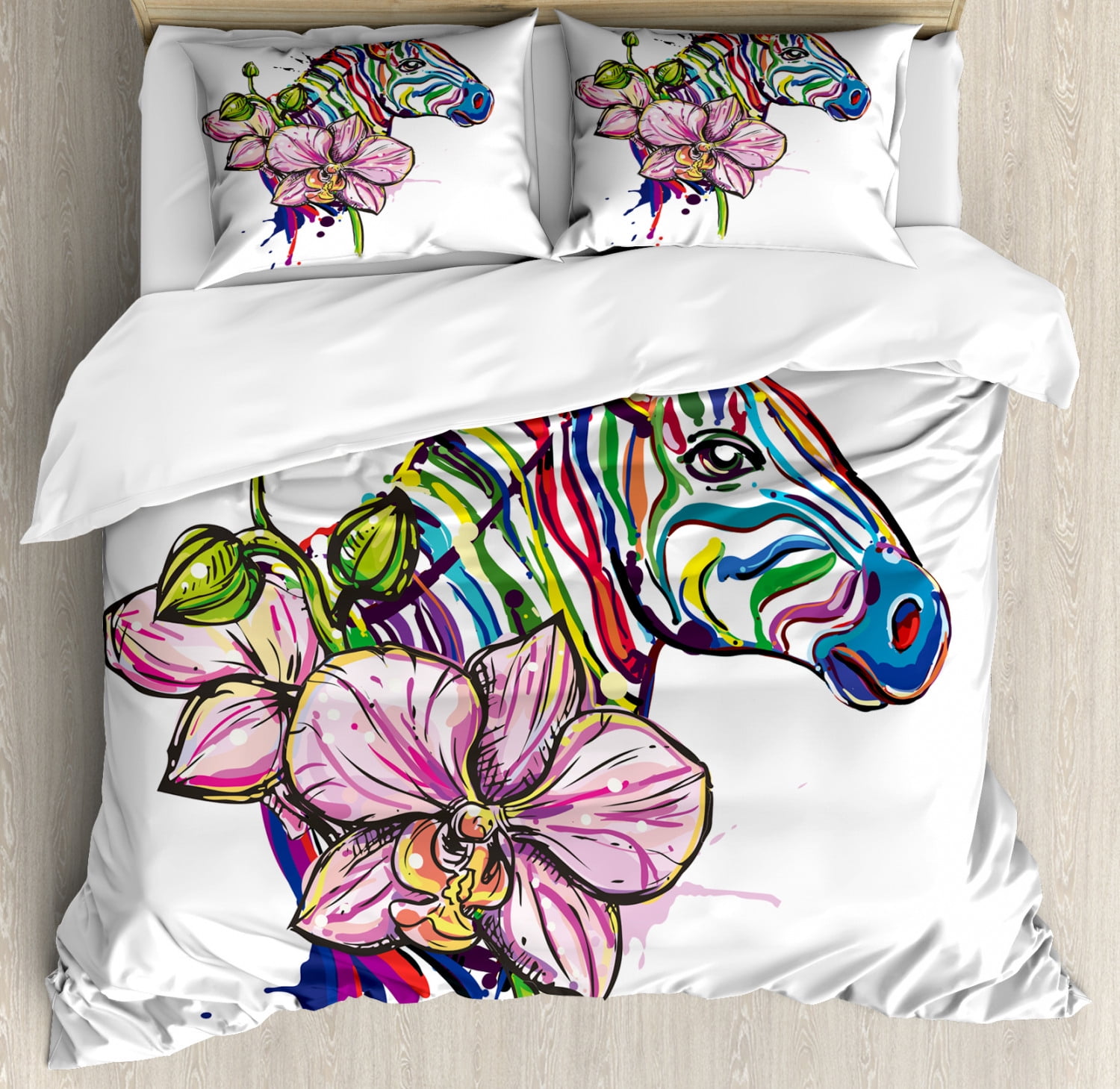 Rainbow Zebra Duvet Cover Set Queen Size, Modern Abstract Ink Art Paint