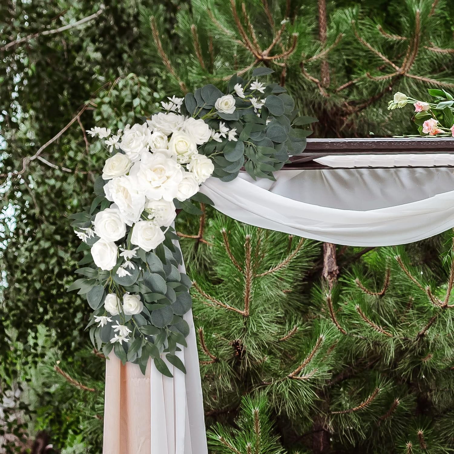 Artificial Wedding Arch Flowers Kit Wedding Arch Decor White Rose Flower Swag Arrangements for Wedding Reception Backdrop Table Decorations Welcome Sign (Pack of 3)