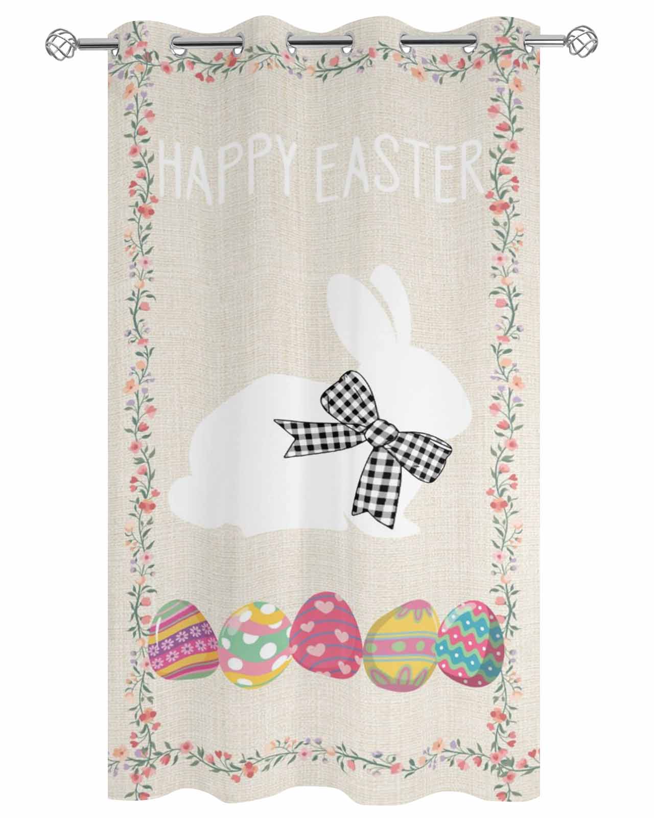 Happy Easter Outdoor Curtains for Patio, Bow Bunny Colorful Eggs Flowers Vines Privacy Drapes Grommet Waterproof Outside Curtains for Porch/Cabana/Balcony 54"x 108", 1 Panel
