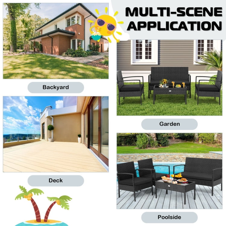 Aimee Lii Rattaner Outdoor Patio Furniture, 4 Pieces Patio Rattan Wicker Conversation Set Sofa Cushioned Glass Table, Black Aimee Lii Rattaner Outdoor Patio Furniture, 4 Pieces Patio Rattan Wicker Conversation Set Sofa Cushioned Glass Table, Black