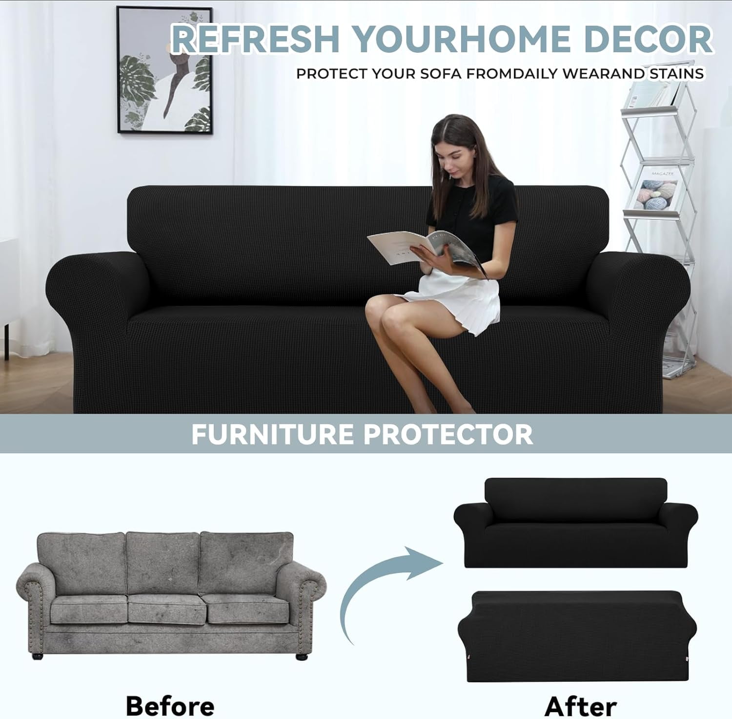 Stretch Sofa Slipcovers Couch Covers for 3 Cushion Couch Sofa Pet Friendly Non Slip Sofa Cover Washable Furniture Protector with Elastic Bottom (Large, Black)