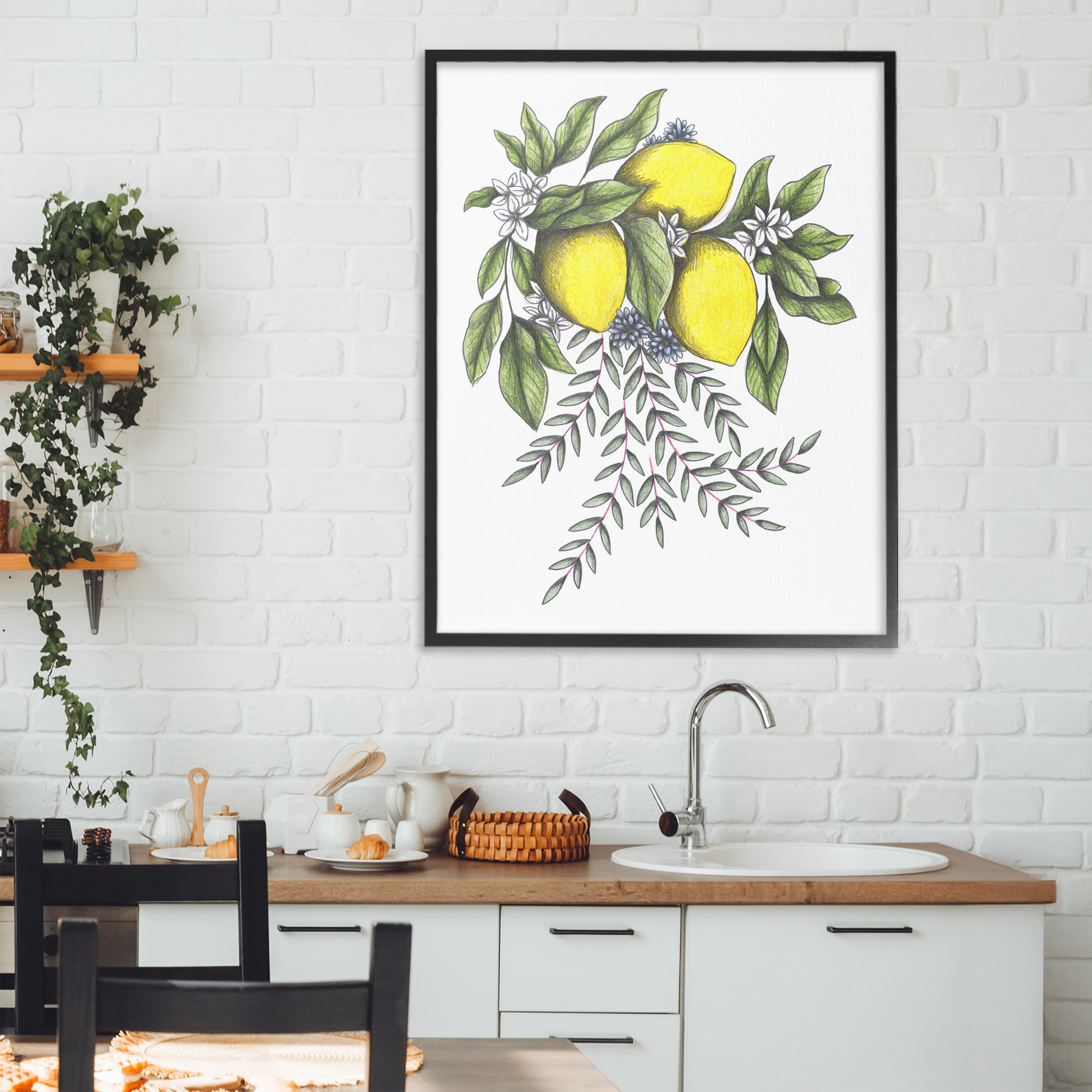 Lemons & Flowers Vintage Sketch Black Framed Giclee Art, design by Cecilia Battaini