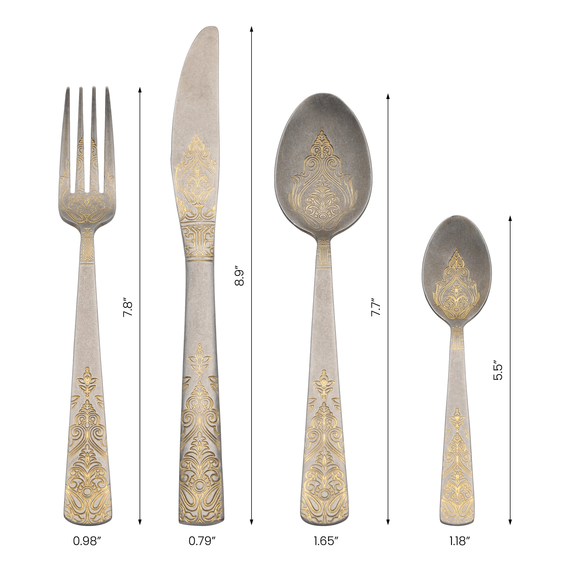 Unique Bargains Stylish and Durable Stainless Steel Floral Flatware Set Retro Gold 4pcs