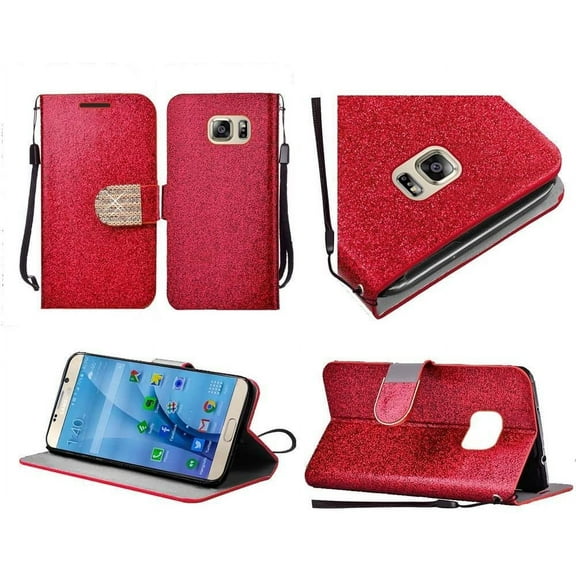 GSA Glitter Bling Belt Flip Wallet Case For Samsung Galaxy S7 - Red