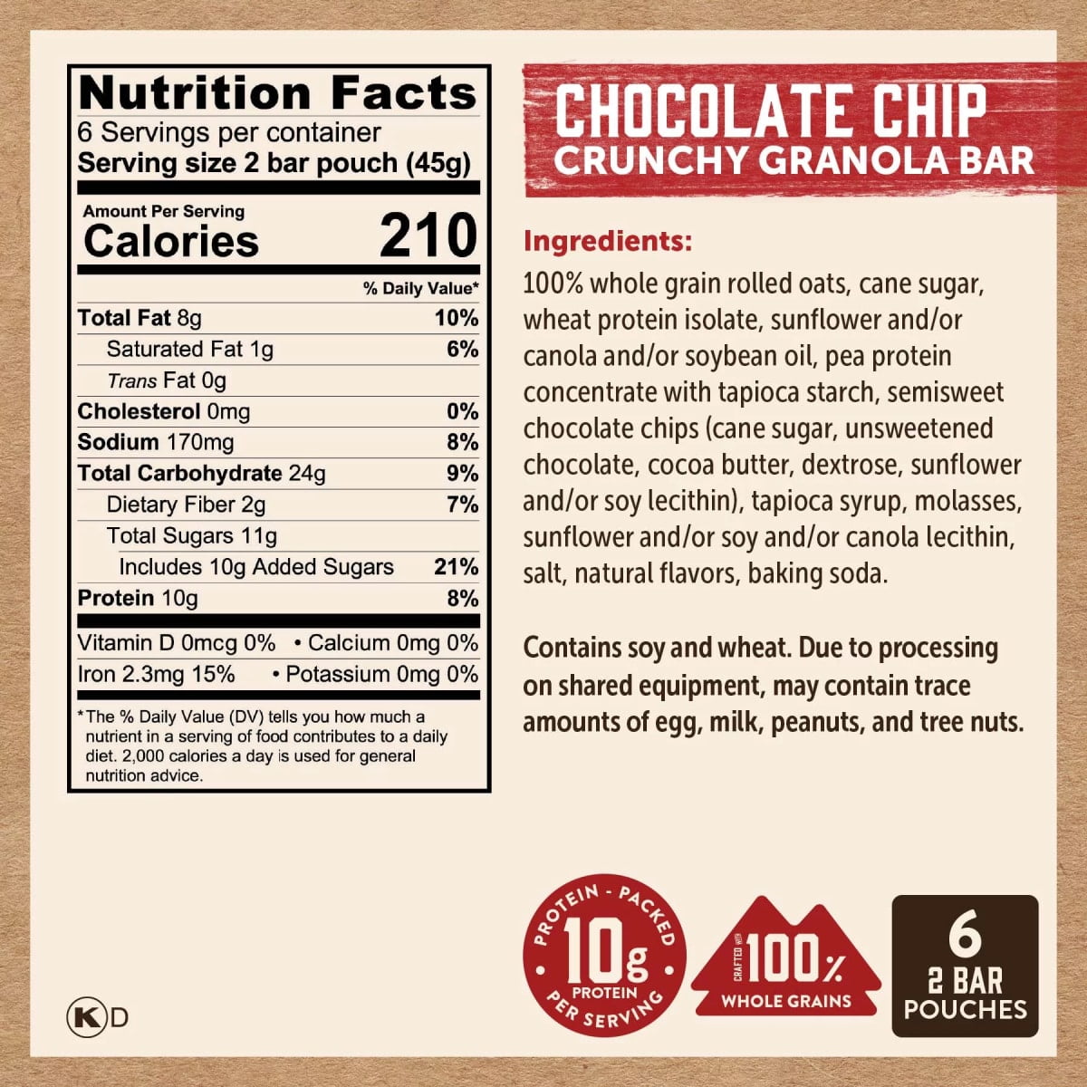 (3 pack) Kodiak Protein-Packed Chocolate Chip Crunchy Granola Bars, 1.59 oz, 6 Count