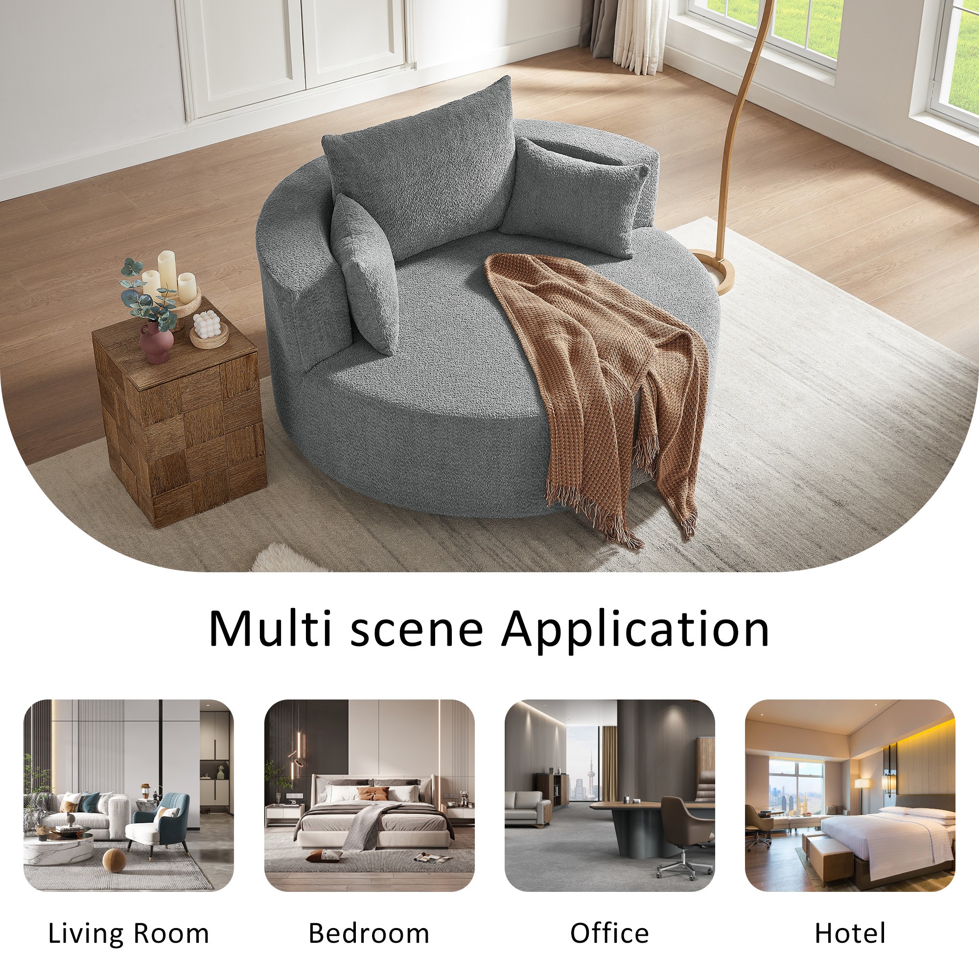 Swivel Round Sofa Couch Sofa Bed,360° Swivel Chair Accent Barrel Chair with 3 Removable Pillows for Living Room, Bedroom,Grey