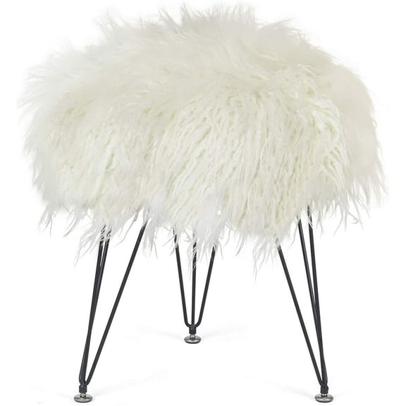 Homebeez Faux Fur Ottoman Footrest Vanity Stool with Metal Legs White