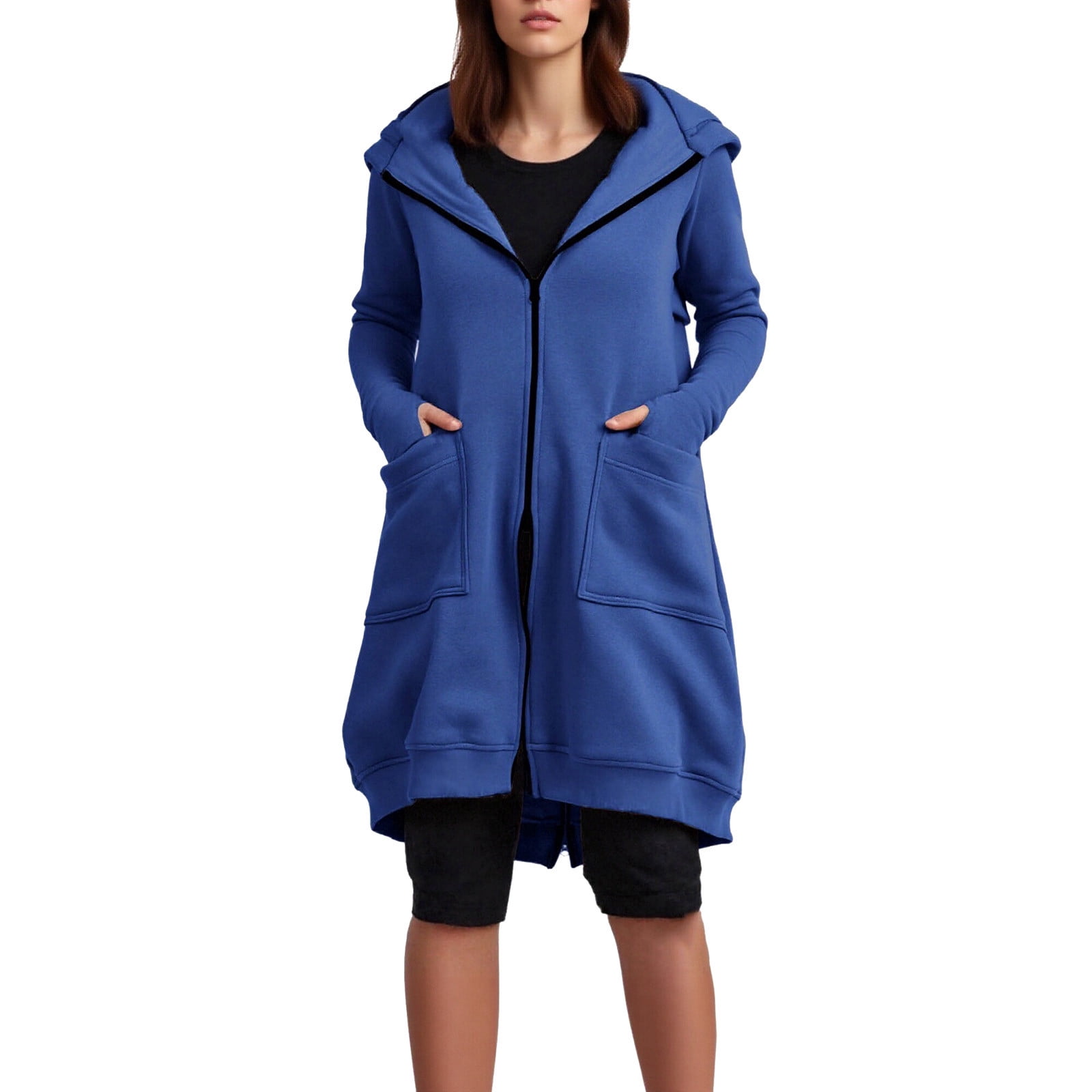 Maxi Hoodie with Thumb Holes Sevevn Women's Solid Color Jacket Fleece Casual Zipper Long Sleeve Pocket Hooded Long Sweater Blue L