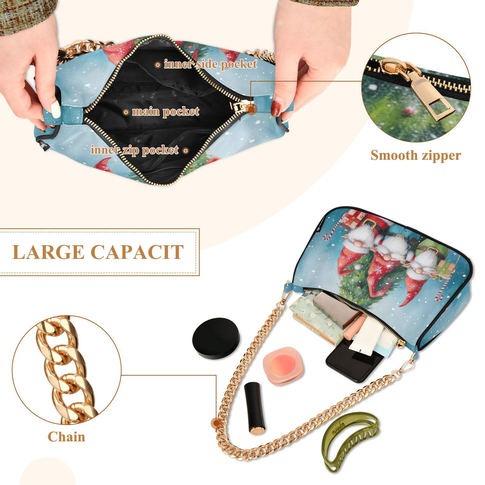 Gnomes Christmas TreesWomen Small Shoulder Bag Crossbody Tote Hobo Bags Purse Clutch Handbags with Chain Strap for Women