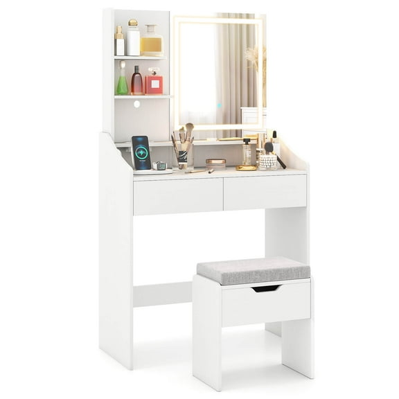 Costway Vanity Desk with Mirror and Lights LED Lighted Makeup Table with 3 Color Modes