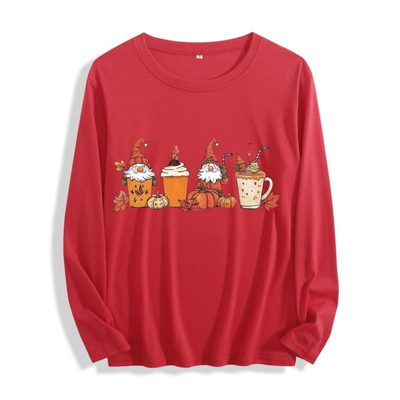 JOANKDMI Womens Fall Tops Halloween Gnomes Graphic Shirts Long Sleeve Crewneck Pumpkin Coffee Tees Autumn Season Casual T Shirts