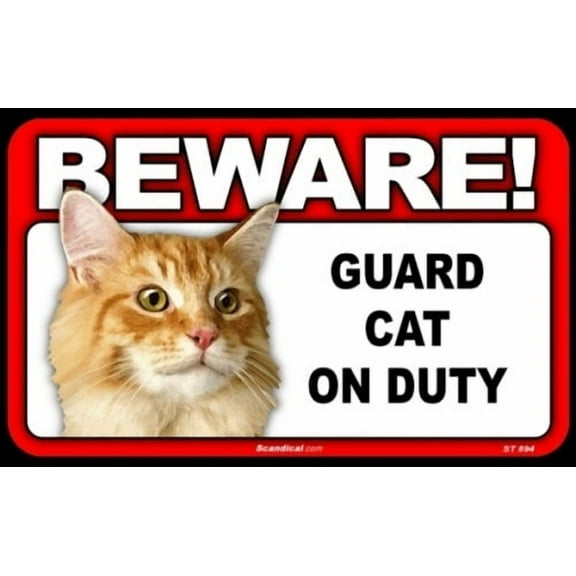 Beware Guard Cat On Duty Sign - Orange