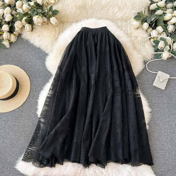 Yuwull Tulle Skirts For Women Sweet Lace Crochet High Waist Solid Color A-Line Midi Skirt