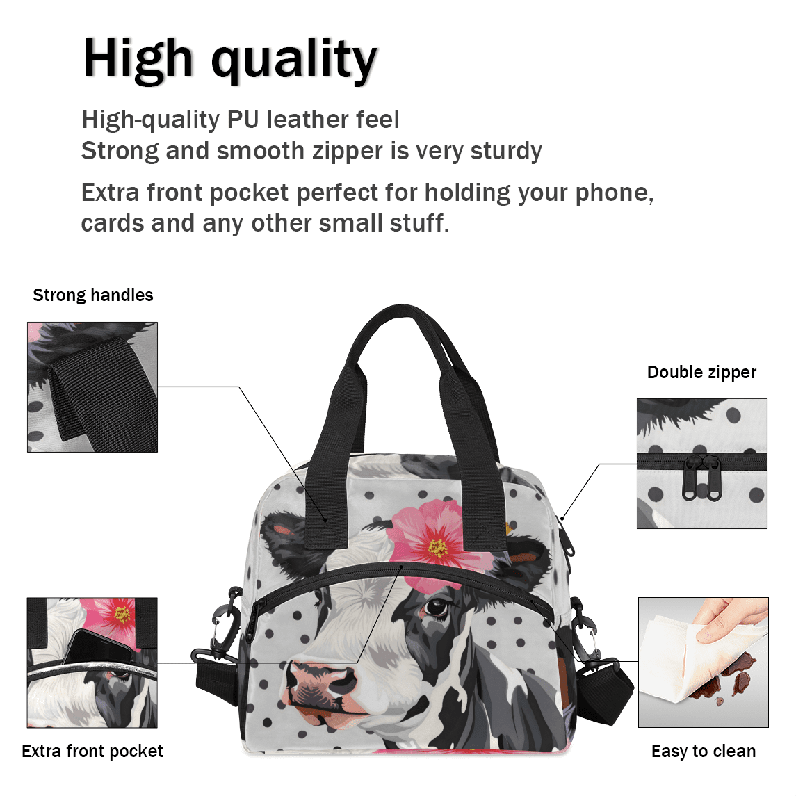 Herdesigns Cute Floral Cow Insulated Lunch Bag for Women Men Adults Large Reusable Lunch Box Leakproof Portable Cooler Tote Bags with Adjustable Shoulder Strap