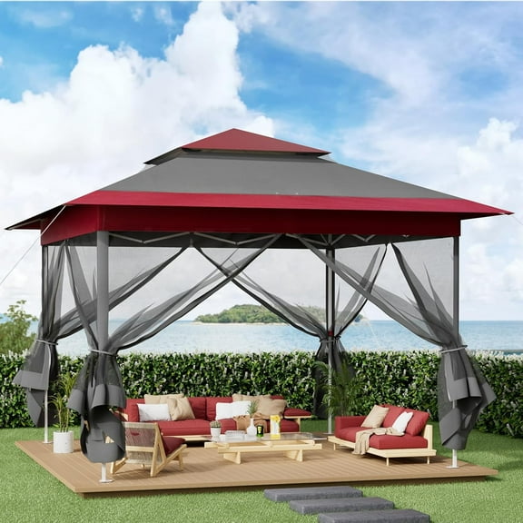 LAZY BUDDY 13'x13' Pop up Gazebo with Mosquito Netting, Outdoor Canopy Tent Patio Gazebo with Wheeled Bag, for Garden Backyard Lawn