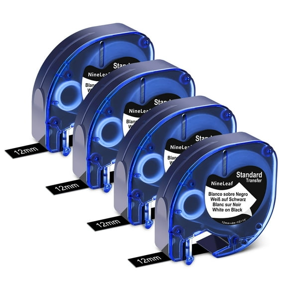 NineLeaf 4PK Compatible for DYMO LetraTag Refills 913318 12mm 1/2" White on Black Plastic Label Maker Tape