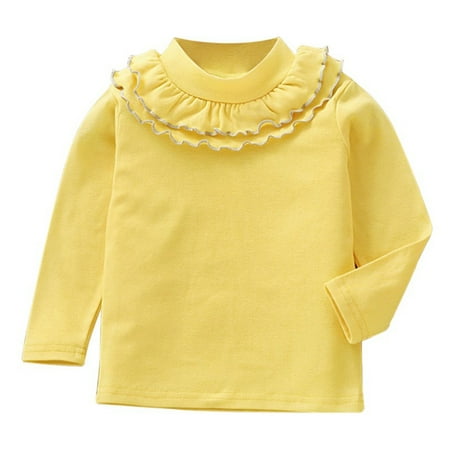 

Baby Girls Ruffle Turtleneck Long Sleeve T-shirt Knited Tops Basic Sweater Pullover Shirts for Toddler Kids 1-6Y Yellow