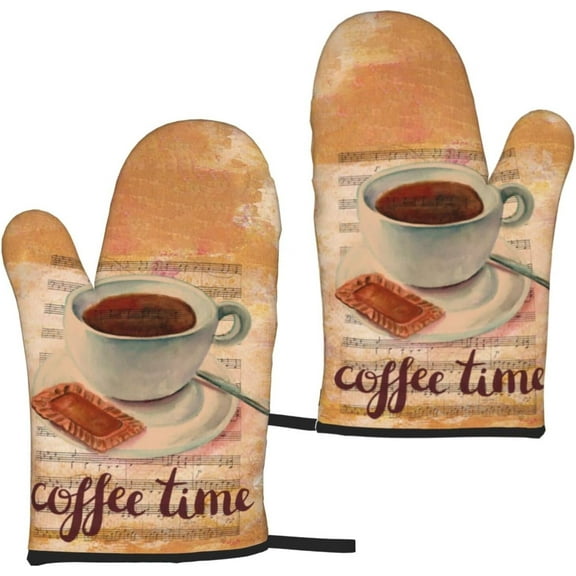 Microwave Oven Gloves,Coffee Theme Coffee Time Oven Mitts Heat Resistant Durable Kitchen Gloves Perfect for BBQ, Cooking, Grilling, Baking Set of 2,11inch
