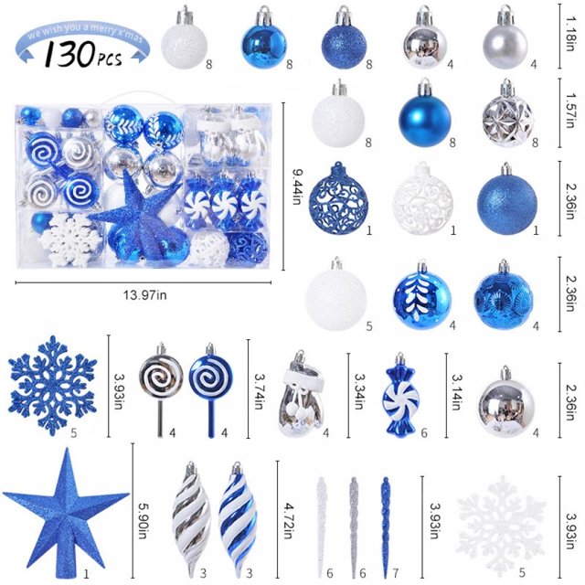 130pcs Assorted Christmas Ornaments Set, Shatterproof Plastic Christmas