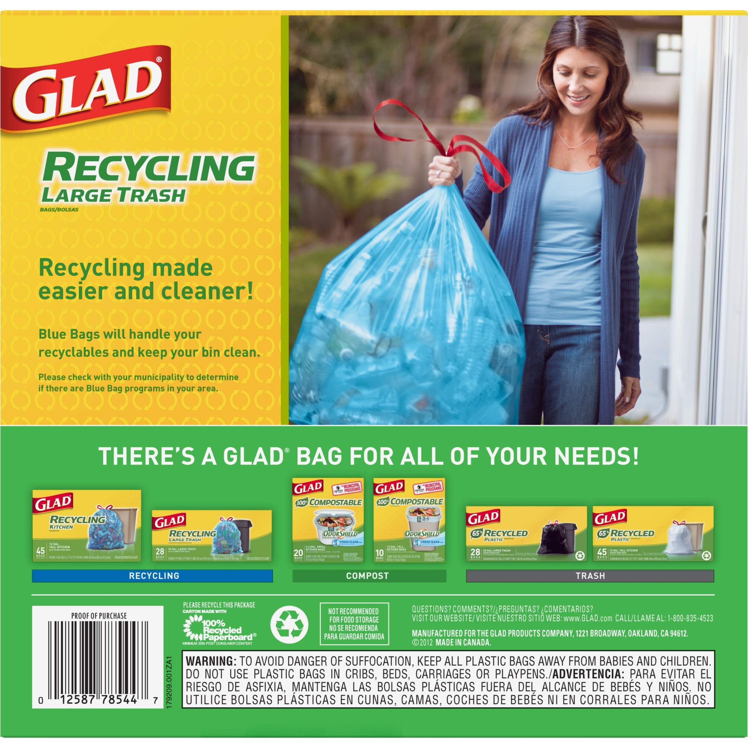 Glad Recycling Drawstring Large Trash Bags Blue 30 Gallon 28 Count