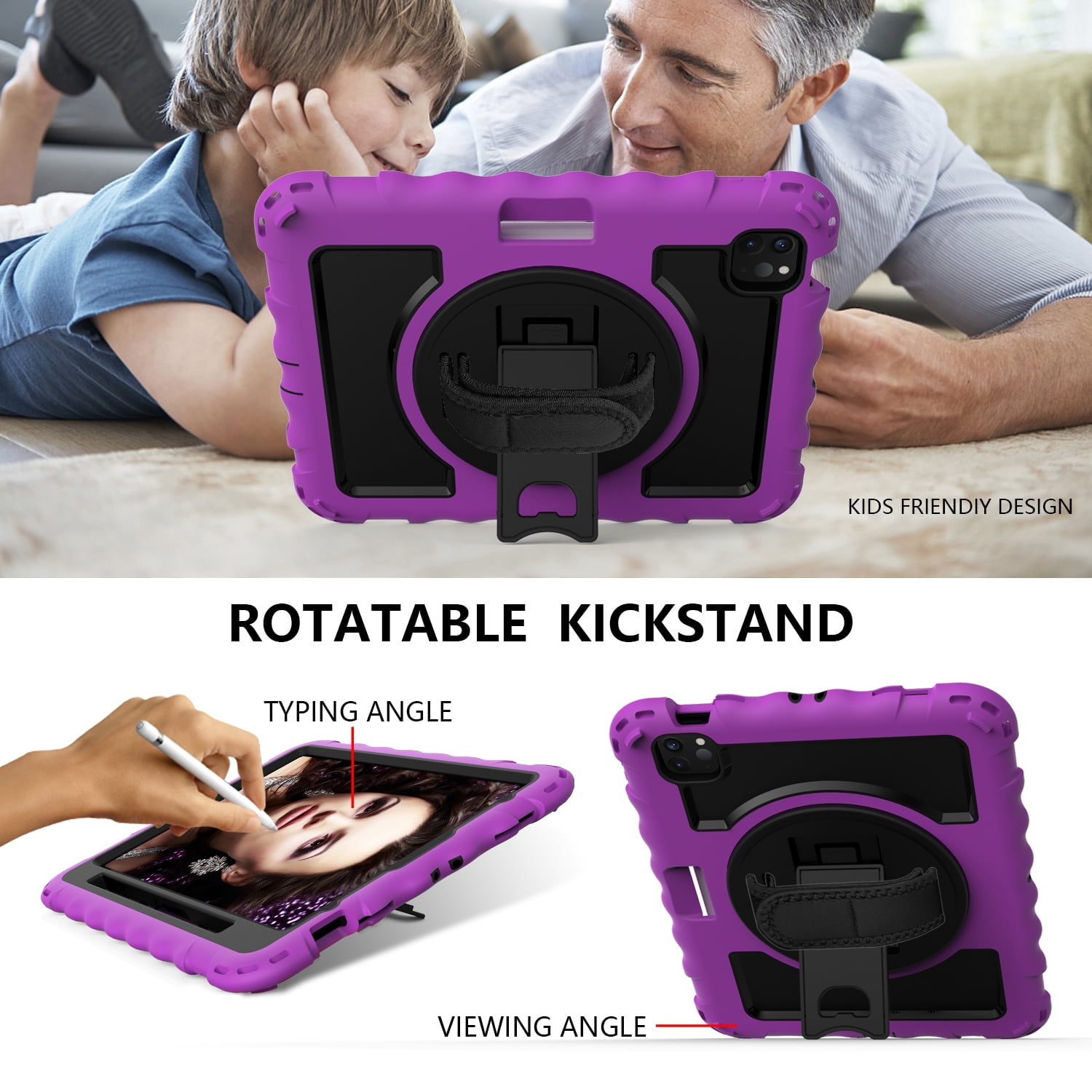 Allytech iPad Air 5 4 10.9 Case 2022/2020, Heavy Duty Shockproof Kids Case with Pencil Holder Hand Strap Kickstand Shoulder Strap for Apple iPad Air 5th 4th Generation 10.9 Inch -Purple