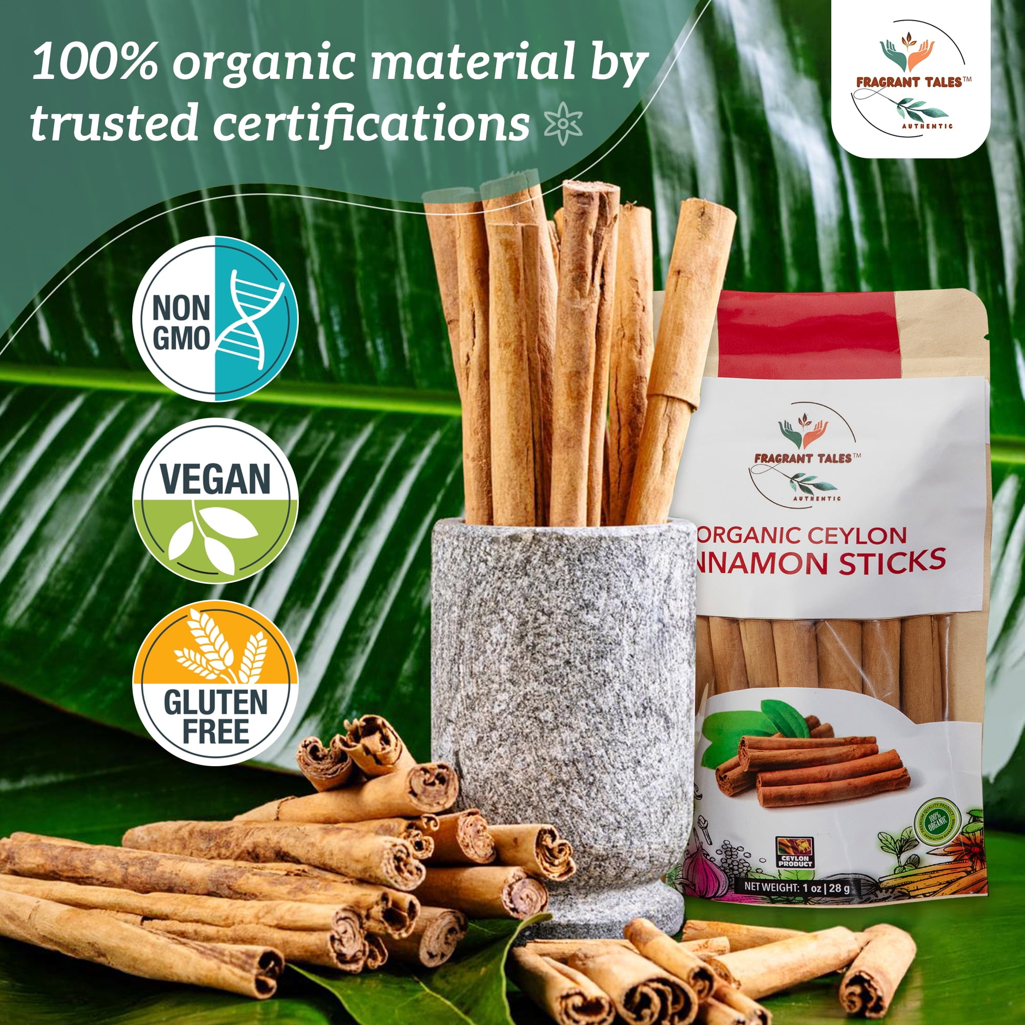 Fragrant Tales Organic Ceylon Cinnamon Sticks - 1 lb (454g), USDA Certified, Non-GMO, True Cinnamon