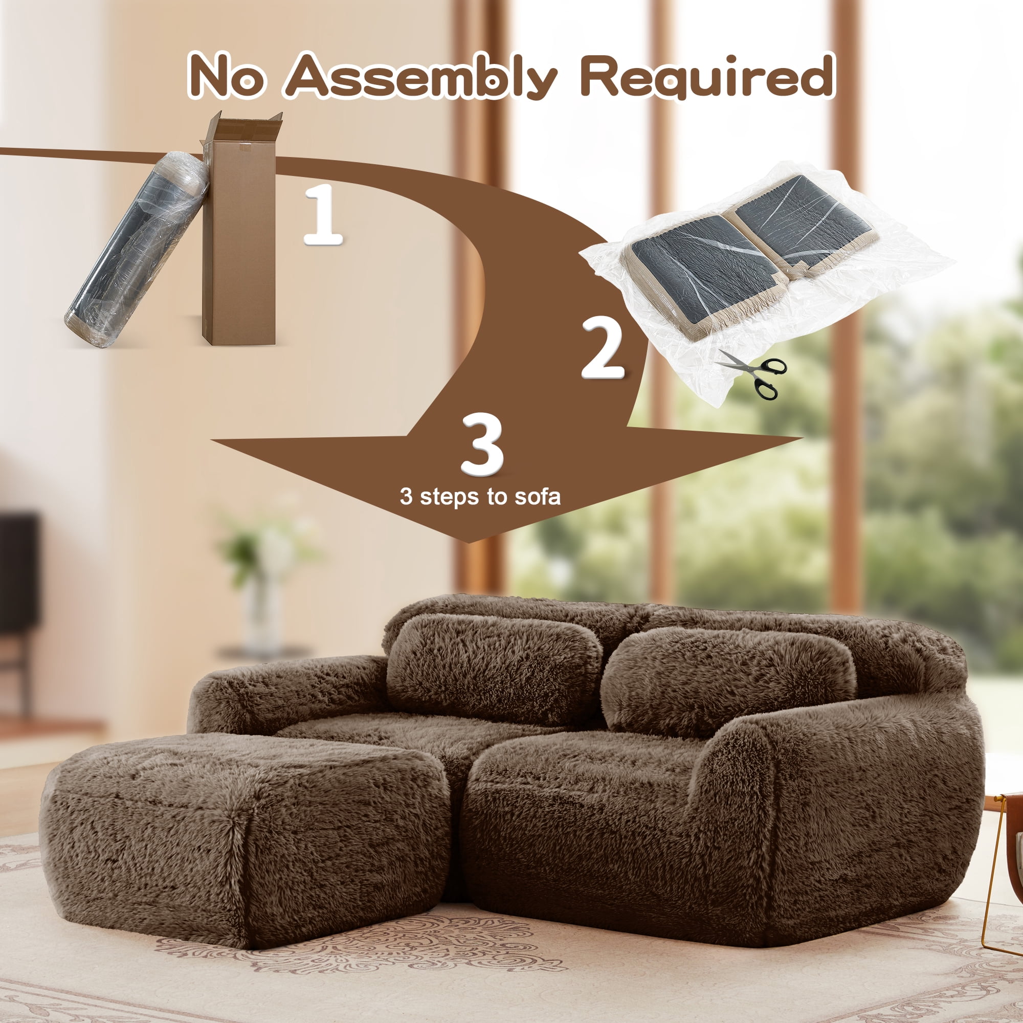 MAYEERTY 80" Chocolate L-Shaped Boneless Sofa, Plush Fabric 32D Foam Non-Slip Base No Assembly Ergonomic with Chaise & Pillows for Bedroom