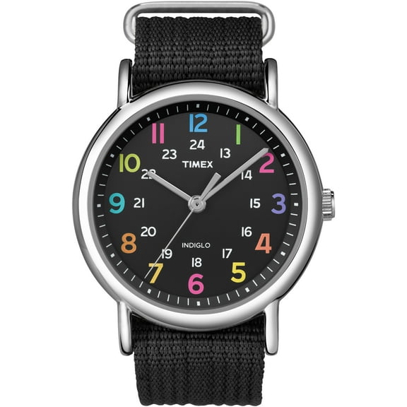 Weekender Black Dial Strap Silver Case Rainbow Numeral Quartz Watch T2N855