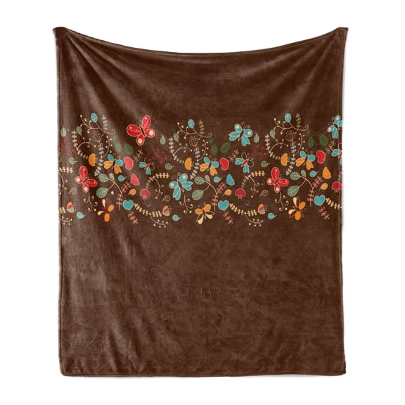 Chocolate Soft Flannel Fleece Throw Blanket, Romantic Valentines Day Inspired Colorful Pattern with Butterflies and Flowers, Cozy Plush for Indoor and Outdoor Use, 70" x 90", Multicolor, by Ambesonne