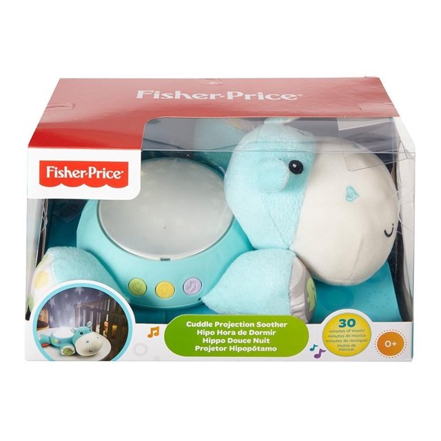 Hipopótamo Proyector Fisher-Price Azul, peluche suave con proyector de luz y estrellas, botones para 30 minutos de música y sonidos de la naturaleza, ideal para estimulación visual y auditiva en la recámara infantil.