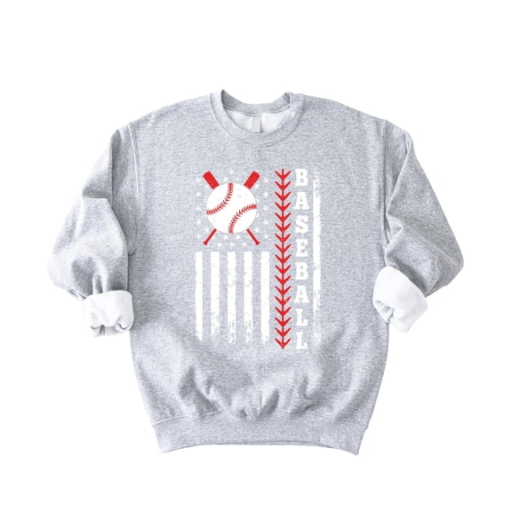 Patriotic Baseball Sweatshirt for Women, Men & Kids - Game Day USA Flag Sports Pullover Gray Sweatshirt Adult Large