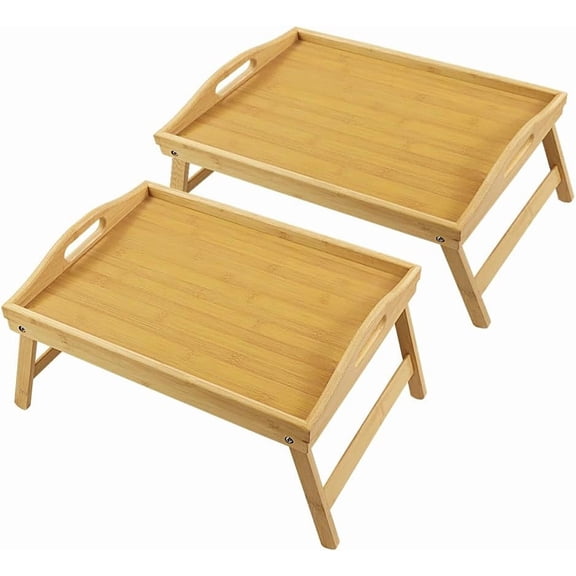 Bamboo Bed Tray Table with Folding Legs Set of 2 Foldable Breakfast Tray Portable Serving Table Laptop Snack Drawing Breakfast Trays for Bed (Set of 2)