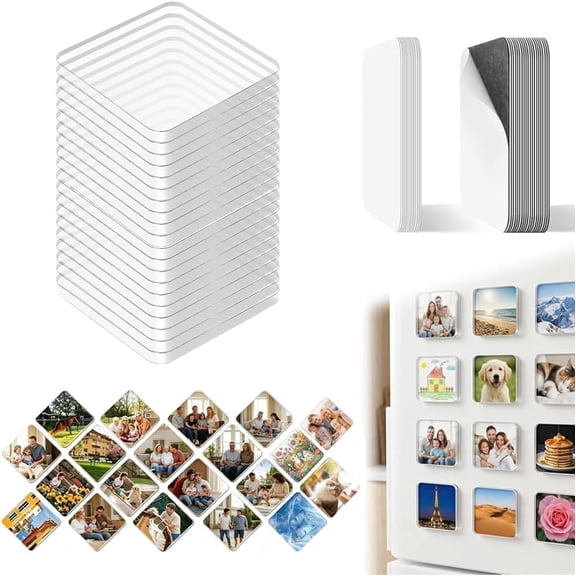 HUANOR 20 Pack Clear Acrylic DIY Fridge Magnets, 2"x2" Square Magnetic Panels with Adhesive Backing for Crafts, Kitchen, Refrigerator, Office, Classroom Decoration