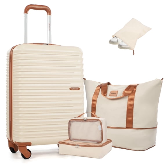 Smicure Carry On Luggage Set 5 Piece with Spinner Wheel, Hardside Lightweight Suitcase with Duffel Bag and Travel Essentials, Beige