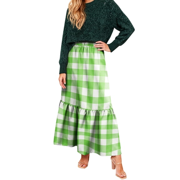 LWavelet Plaid Tiered Maxi Skirt Women Stylish Fall Casual Flowy Versatile Bottoms Fluorescent Green S