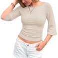 thumbnail image 2 of Women's 3/4 Sleeve Top Ruched Waist Fitted Tops for Women Crop Boat Neck Ribbed Bell Sleeve Flare XL, 2 of 7