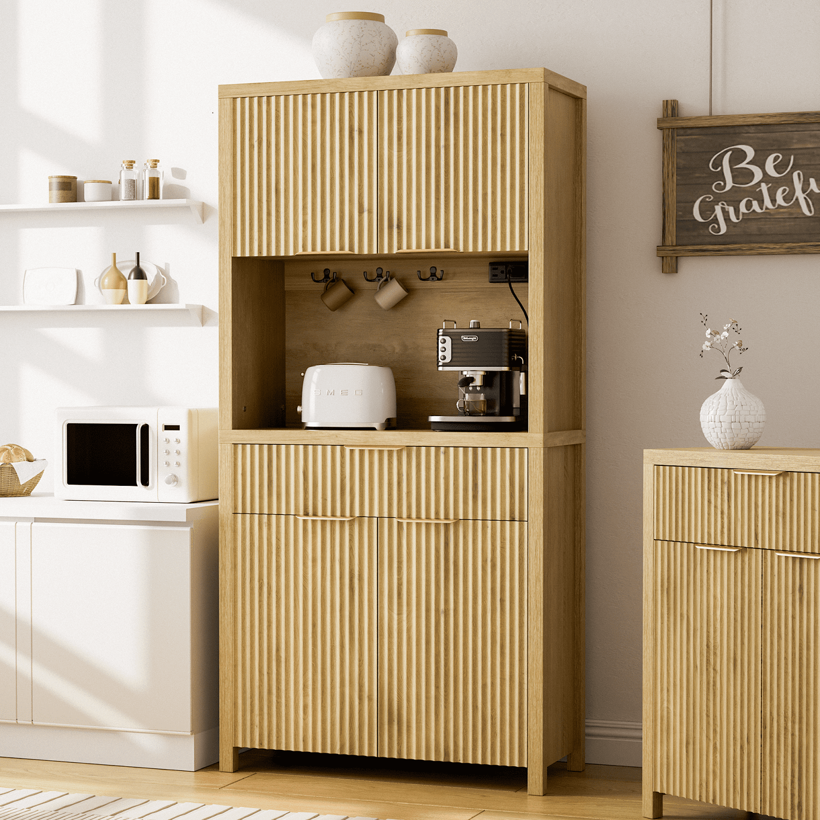 Aufeile 71" Tall Pantry with Drawer and Charging Station, Fluted Pantry Storage Cabinet with Adjustable Shelves for Kitchen Dining Room Living Room, Natural Oak