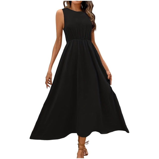 Birdeem Robes pour Femmes Mode pour Femmes Confort Couleur Unie Plissée Sans Manches Robe à Col Rond