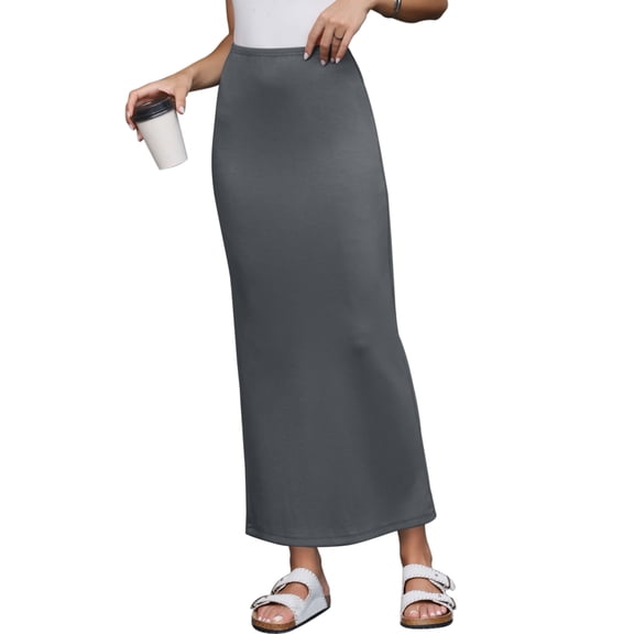 Knit Straight Skirt for Women High Waisted Back Slit Solid Color Business Casual Skirt XS Grey