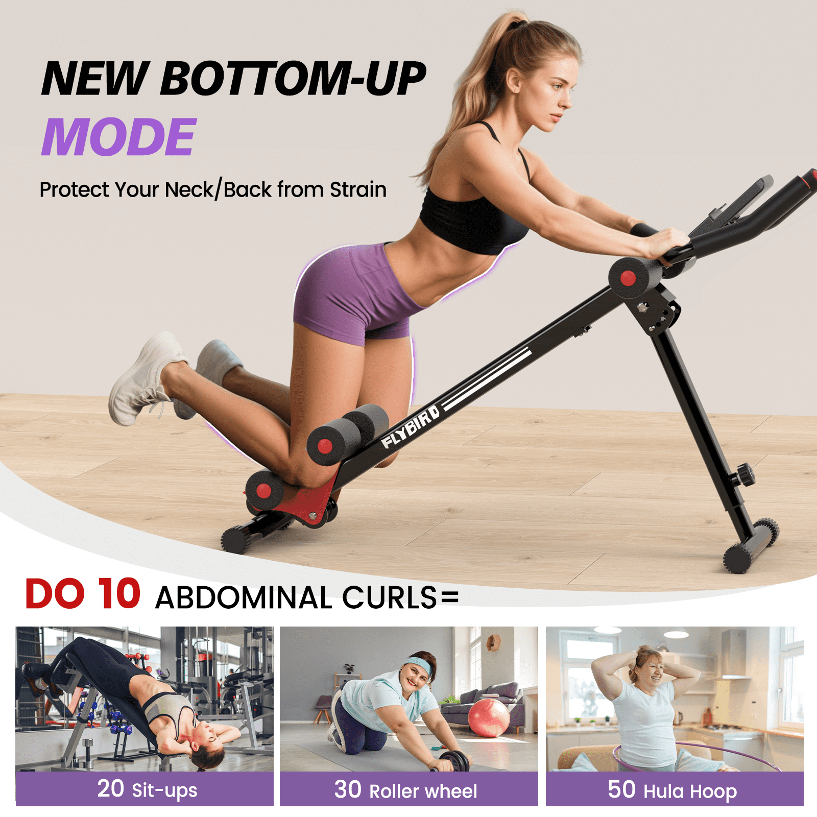 FLYBIRD Adjustable Ab Workout Equipment, Full Body Strength Training, Foldable Waist Trainer, 330 lb Capacity