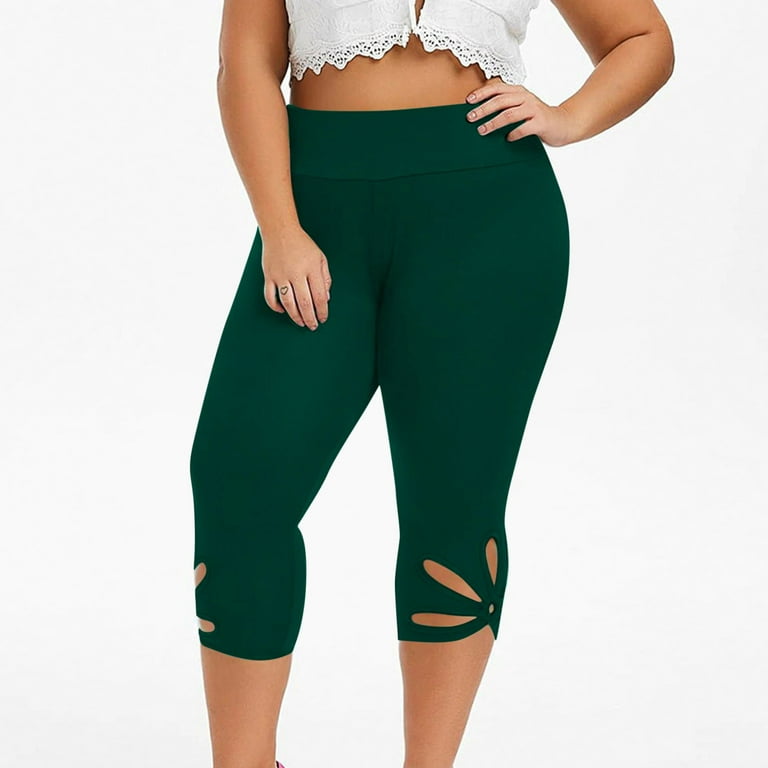 Plus Size Womens Stretch Capri Leggings Solid High Waist Printed Hollow out  Cropped Leg Yoga Pants Summer Casual Workout Trousers(XXXL,Green #3)
