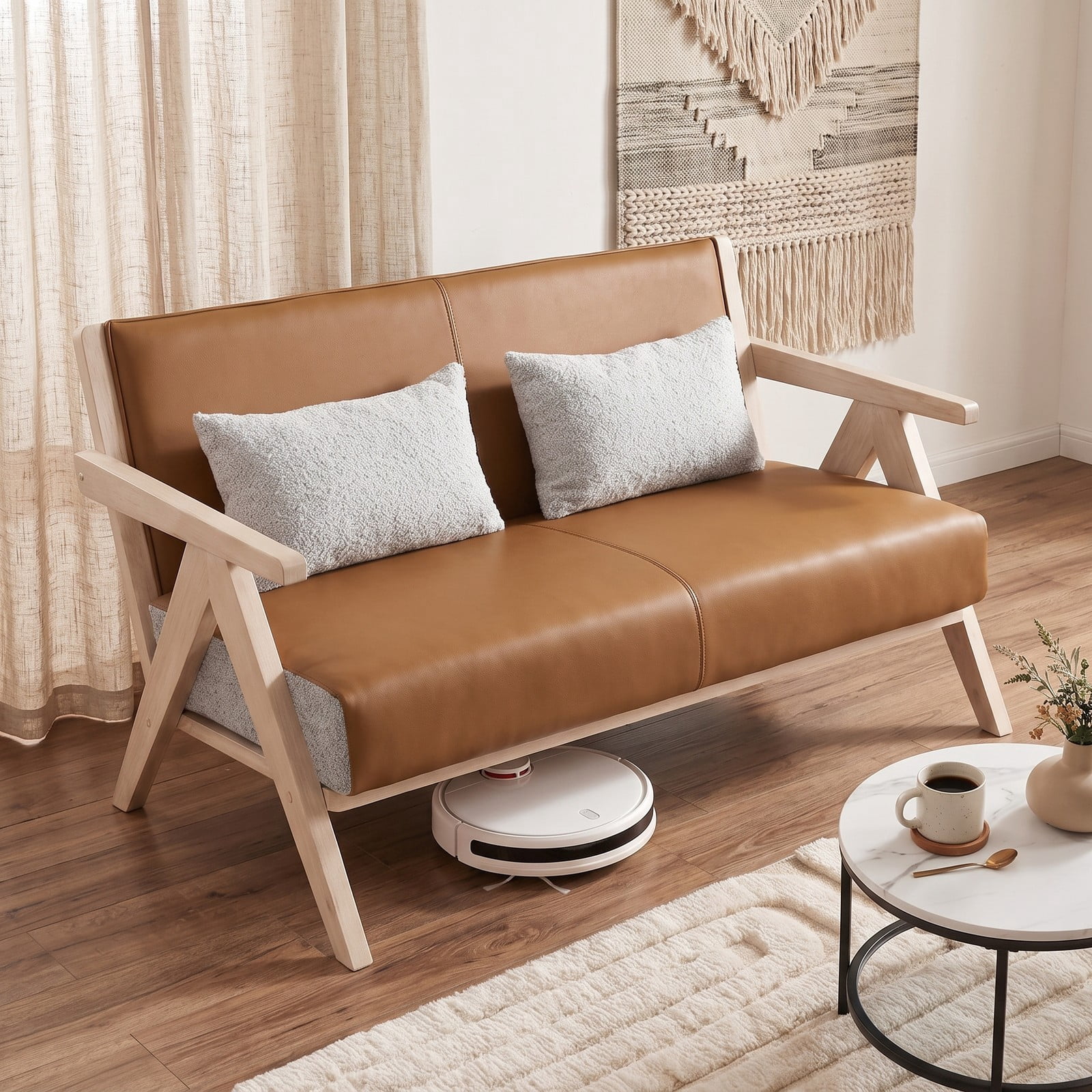Furnibear Loveseat Sofa for Small Spaces, Modern 2-Seater Upholstered Chenille & Faux Leather Couch with 2 Throw Pillows, Rubber Wood Frame, Pocket Spring, Brown