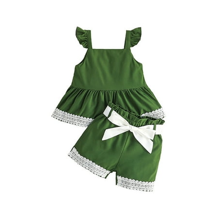 

Toddler Girls Fly Sleeve Solid Color Vest Tops Bowknot Denim Shorts Suit Baby Outfits