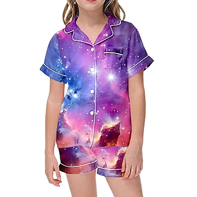Pyjamas Filles Enfants Filles Imprimé Galaxie Coloré Bouton Col à Revers Manches Courtes Haut Shorts Ensemble de Pyjama Satin 2 Pcs Violet 10 Ans-11 Ans