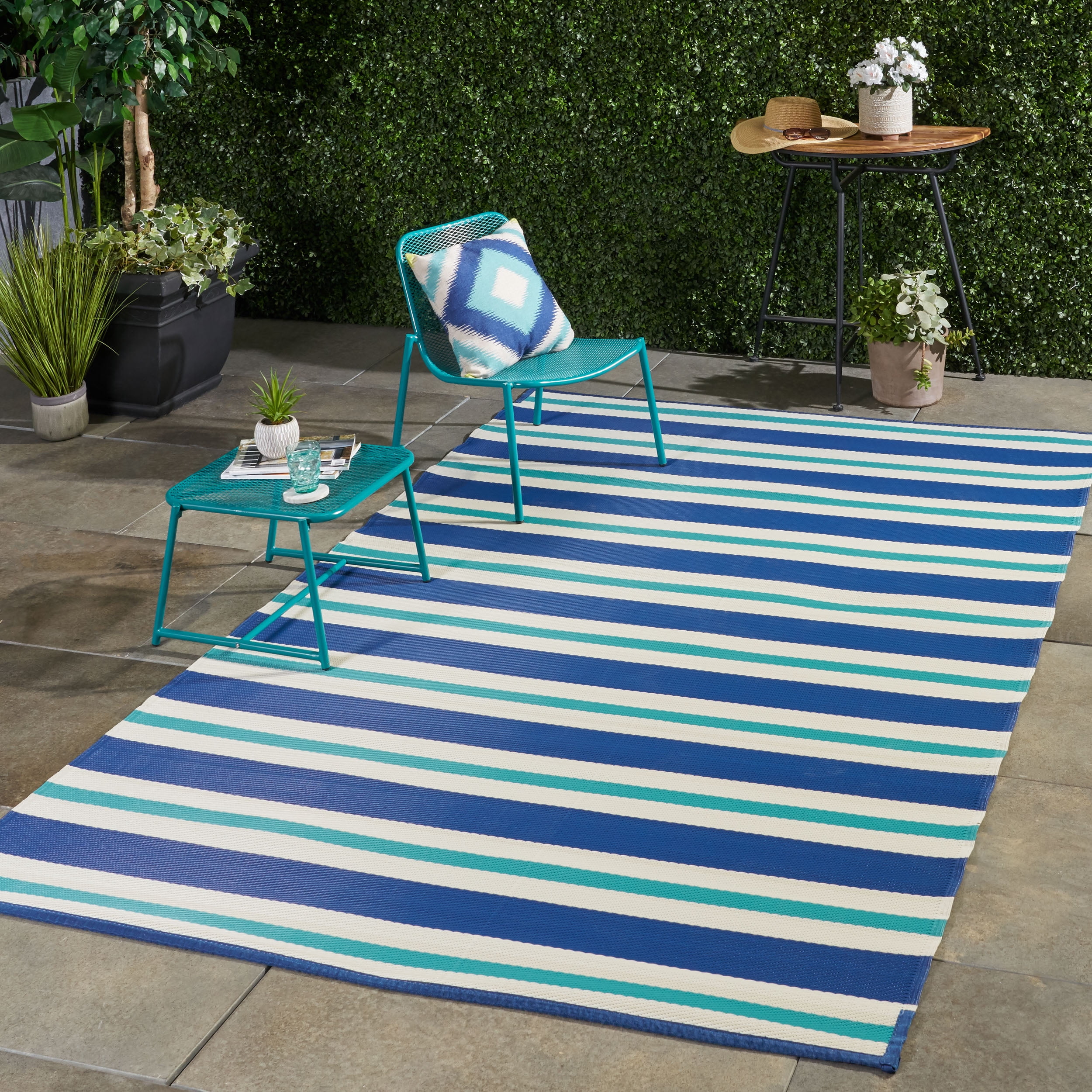 White Striped Outdoor Rug, Blue Outdoor Rug