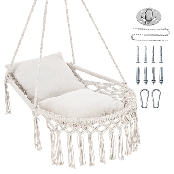 Costway Macrame Swing Chair with 2 Removable Cushions, Enduring Polyester Cotton Ropes Beige