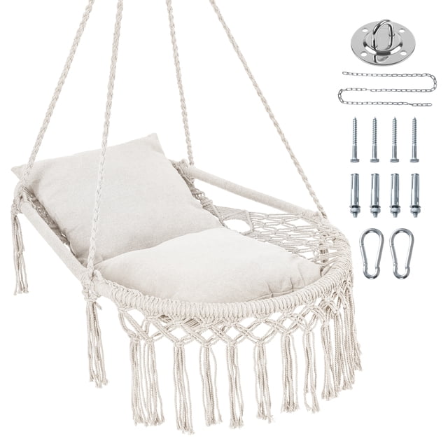 Costway Macrame Swing Chair with 2 Removable Cushions, Enduring Polyester Cotton Ropes Beige