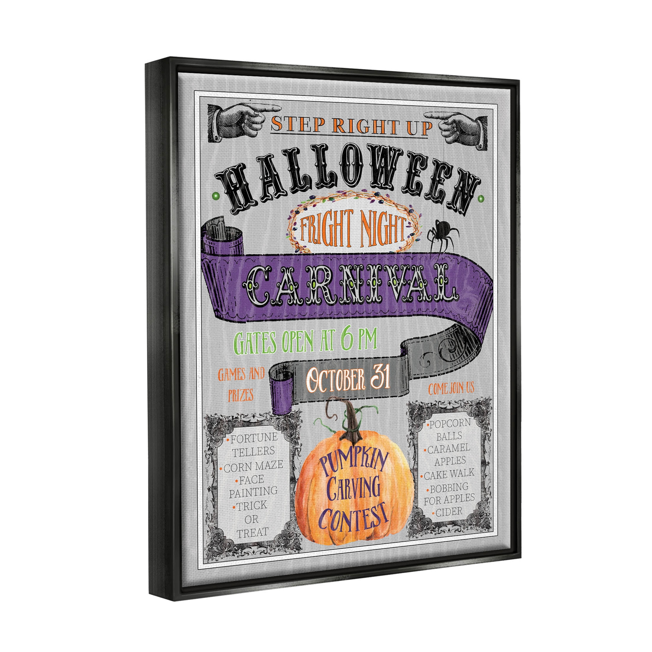 Stupell Industries Halloween Fright Night Carnival Sign Graphic Art Jet Black Floating Framed Canvas Print Wall Art, Design by Livi Finn