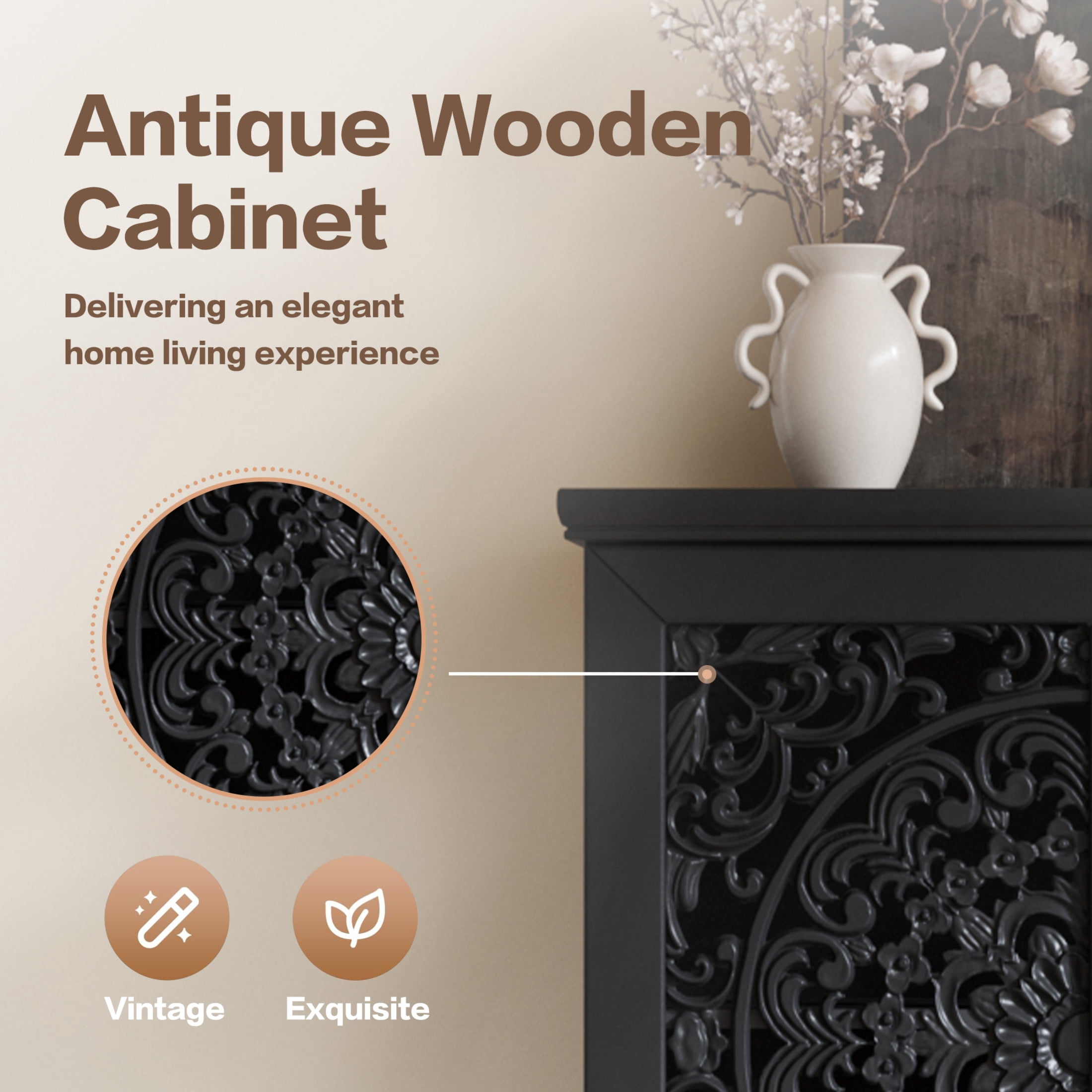Noble house Rustic Tall Storage Cabinet with Drawer, Carved 2-Door Cabinet with Solid Wood Legs,Black